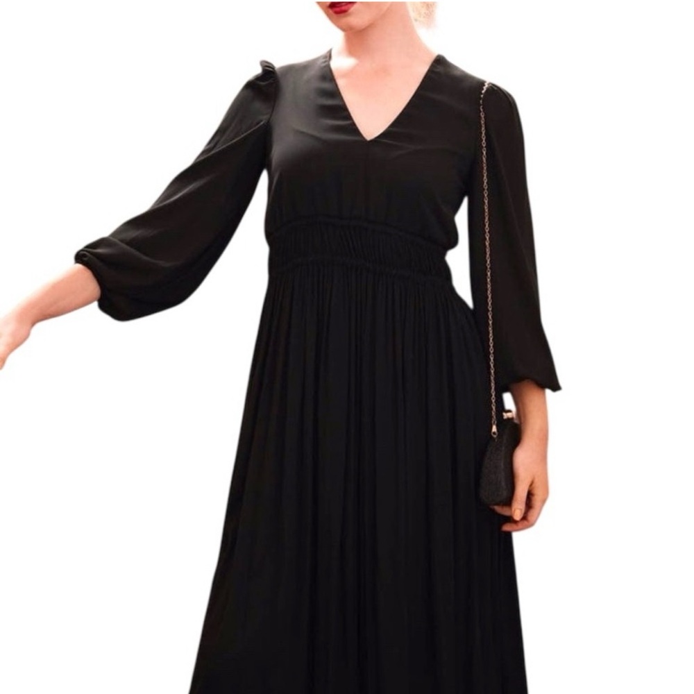 Black Pleated Tiered Gown with Bishop Sleeves  size:38